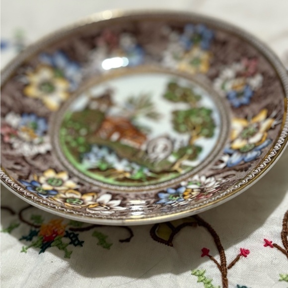Vintage Brown and Blue Floral Serveware Plate with Pastoral Scene - Picture 4 of 7